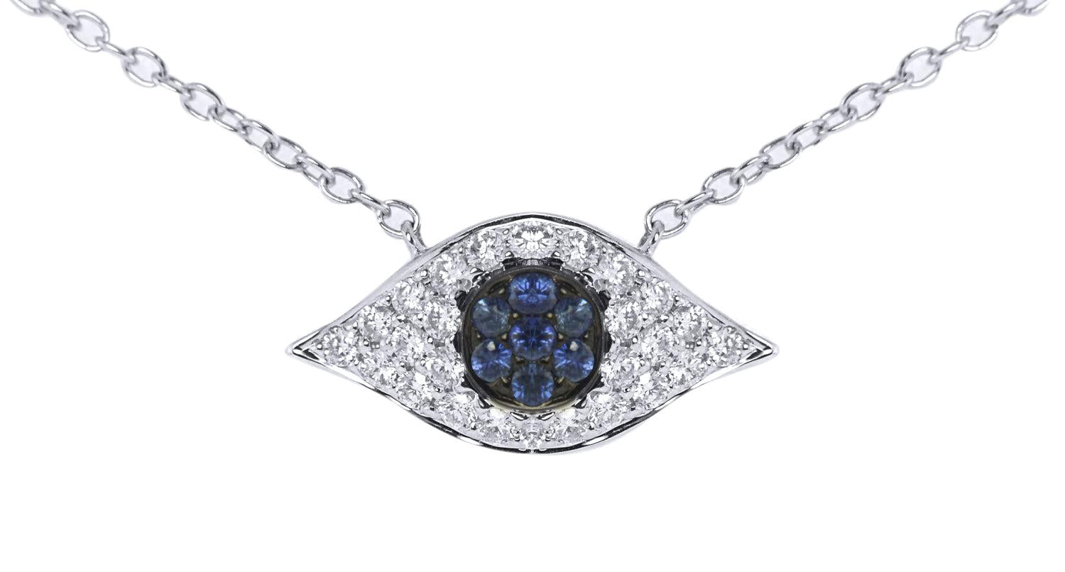 18K White Gold Diamond and Blue Sapphire Evil Eye Pendant 0.70CT
