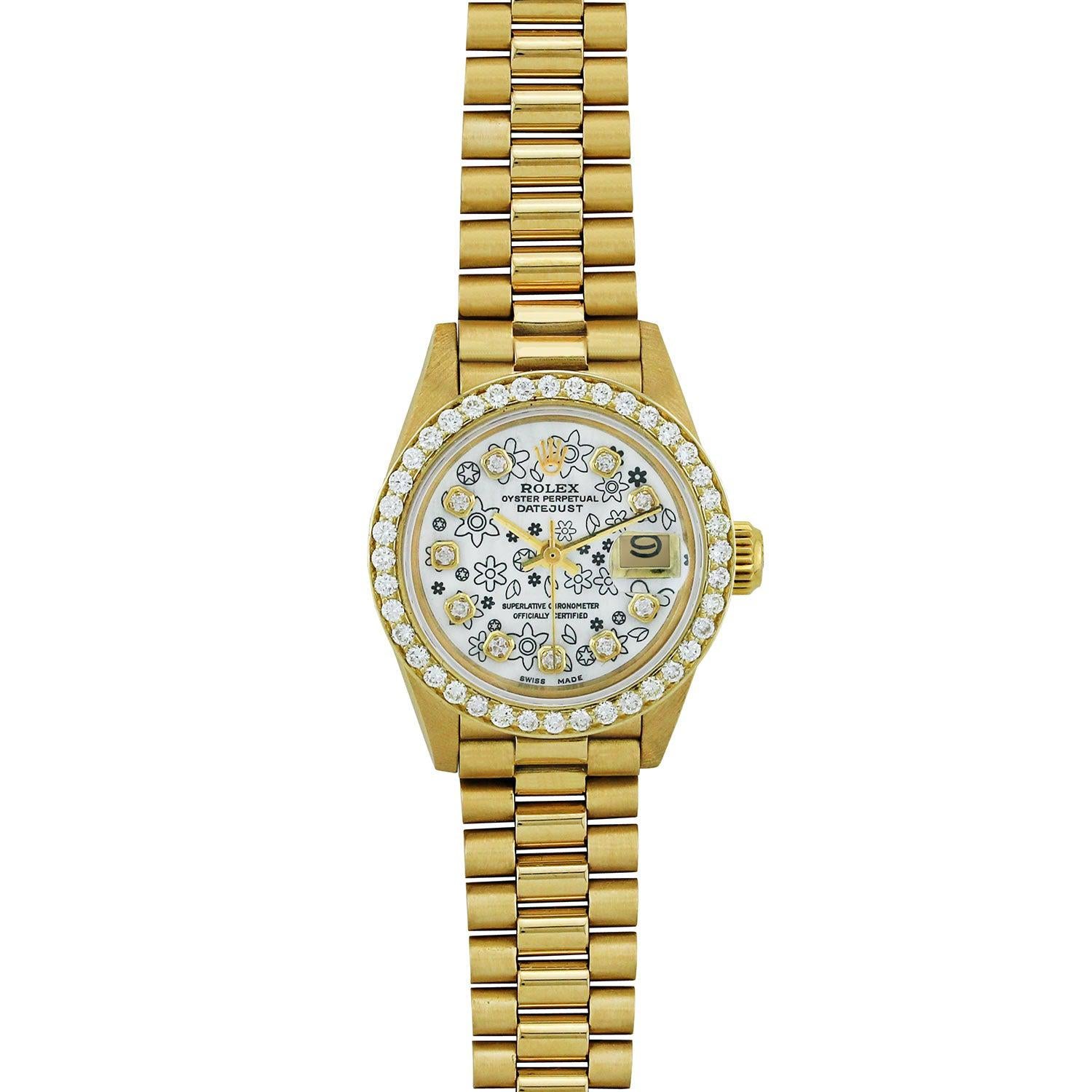 Rolex Datejust 26MM 6917 Silver Floral Diamond Dial Diamond Bezel 18K Yellow Gold President Bracelet 1ct