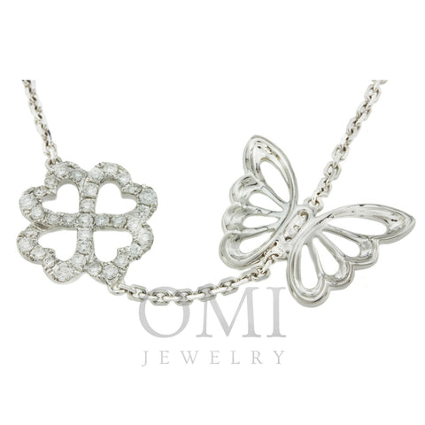18K White Gold Bracelet with Diamond Flowers and Butterfly With Round Cut Diamonds 1.11CT