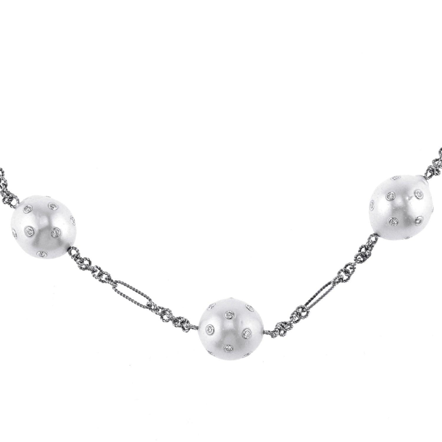 14K White Gold Chain with Diamond and Pearls 4.46CT
