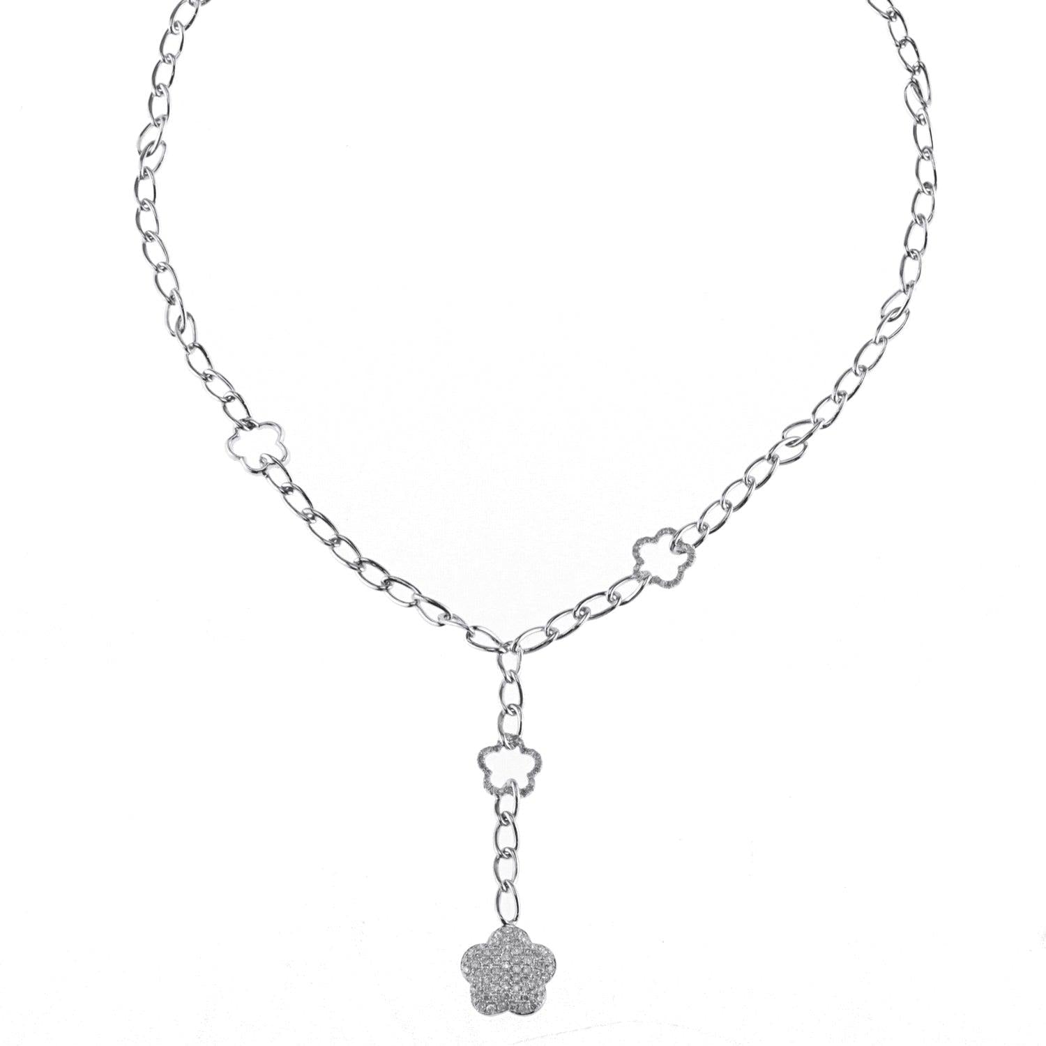 18K White Gold Diamond Flower Chain With Round Cut Diamonds 1.48CT