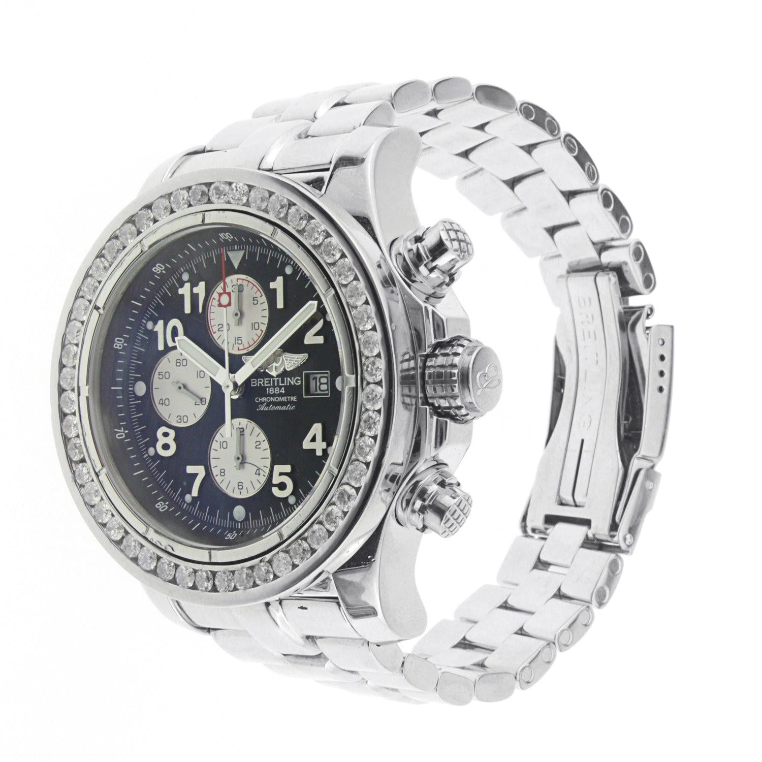 Breitling Super Avenger 48MM A13370 Black Arabic Dial Diamond Bezel Stainless Steel Bracelet