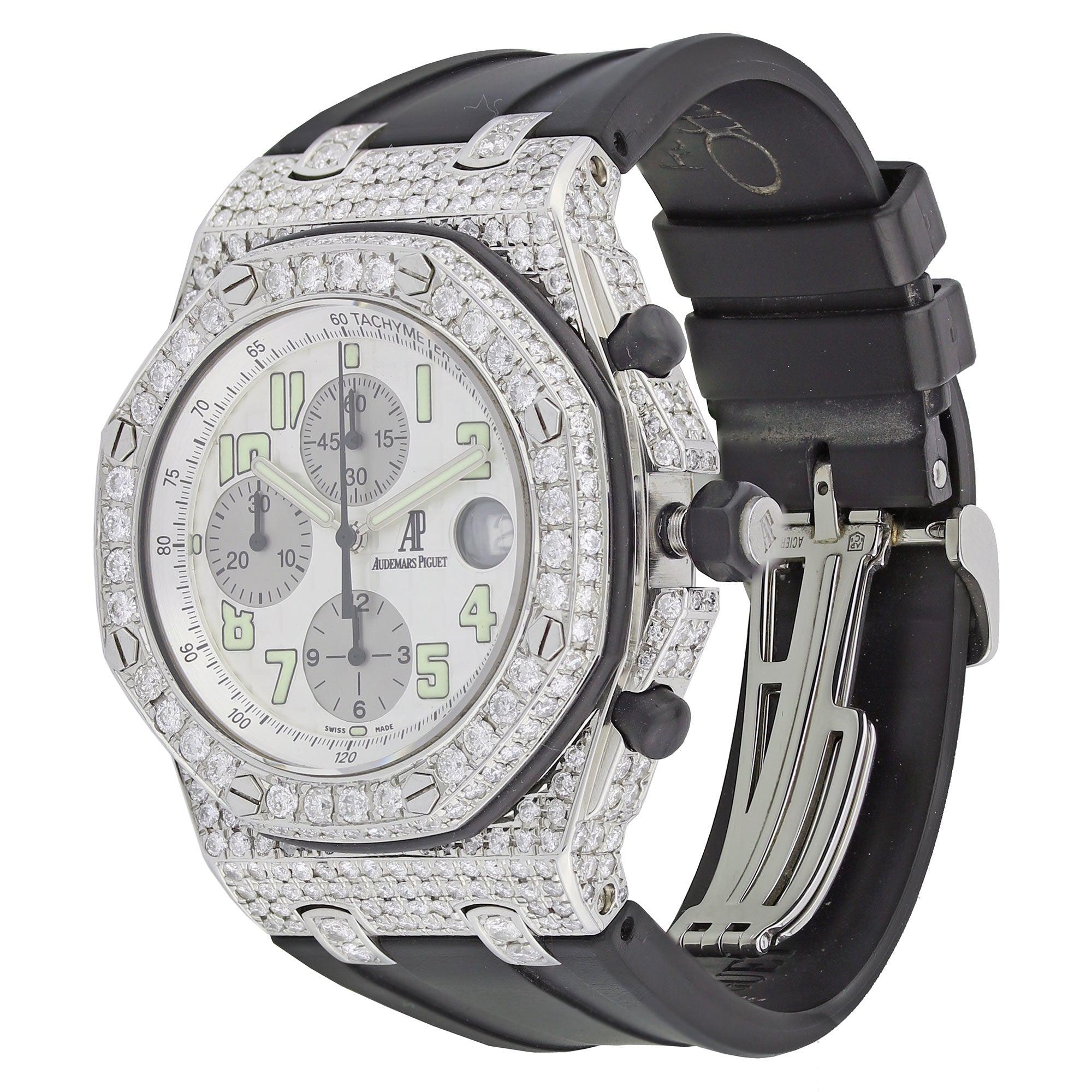 Audemars Piguet Royal Oak Offshore 42MM 25940SK.OO.D002CA.02.A White Arabic Dial Diamond Bezel Black Rubber Band