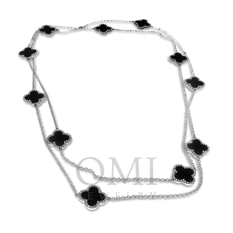 18K White Gold Diamond Necklace With Black Onyx And Round Cut Diamonds 2.30CT