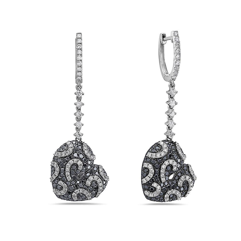 18K WHITE GOLD BLACK & WHITE DIAMOND HEART SHAPE DROP EARRINGS 3.52 CTW