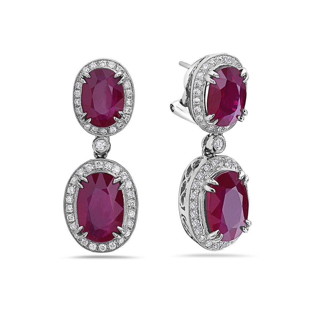 18K White Gold Ladies Round  Shaped  Earrings With Ruby And Diamonds