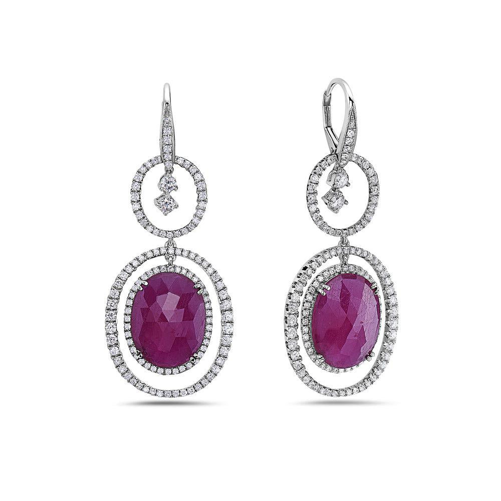 18K White Gold Ladies Round Shaped Earrings With Ruby And Diamonds
