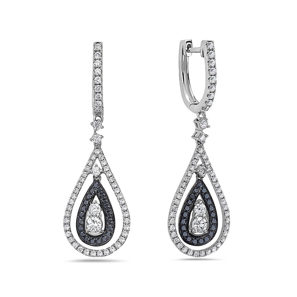 18K WHITE GOLD BLACK & WHITE DIAMOND TEAR DROP EARRINGS 1.27 CTW