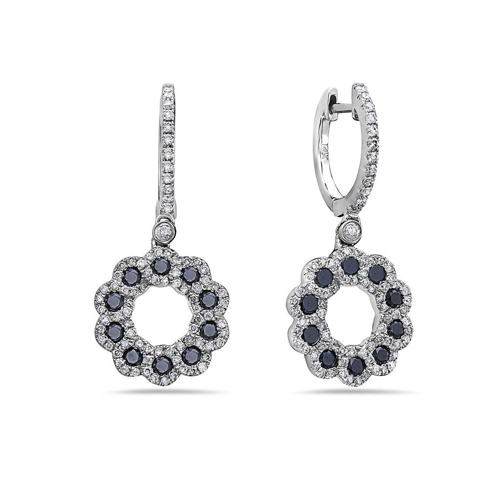 14K WHITE GOLD BLACK & WHITE DIAMOND FLOWER SHAPED DROP EARRINGS 1.51 CTW