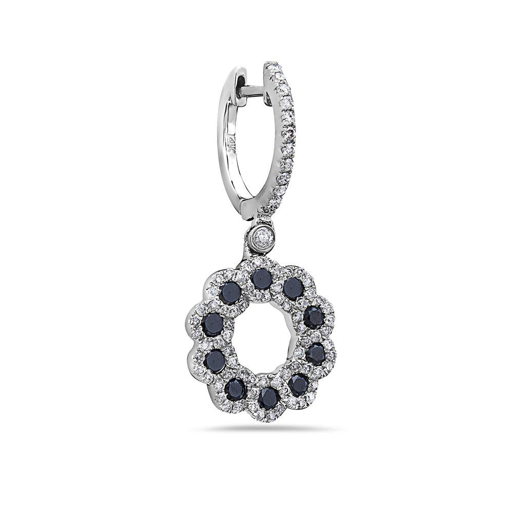 14K WHITE GOLD BLACK & WHITE DIAMOND FLOWER SHAPED DROP EARRINGS 1.51 CTW