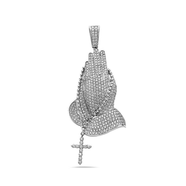 14K White Gold Praying Hands Women's Pendant With 4.55 CT Diamonds