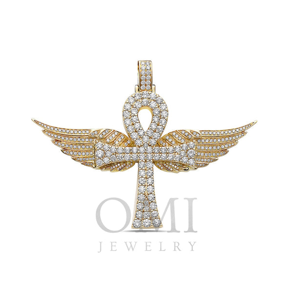 Men's 14K Yellow Gold Ankh with Wings Pendant with 7.78 CT Diamonds