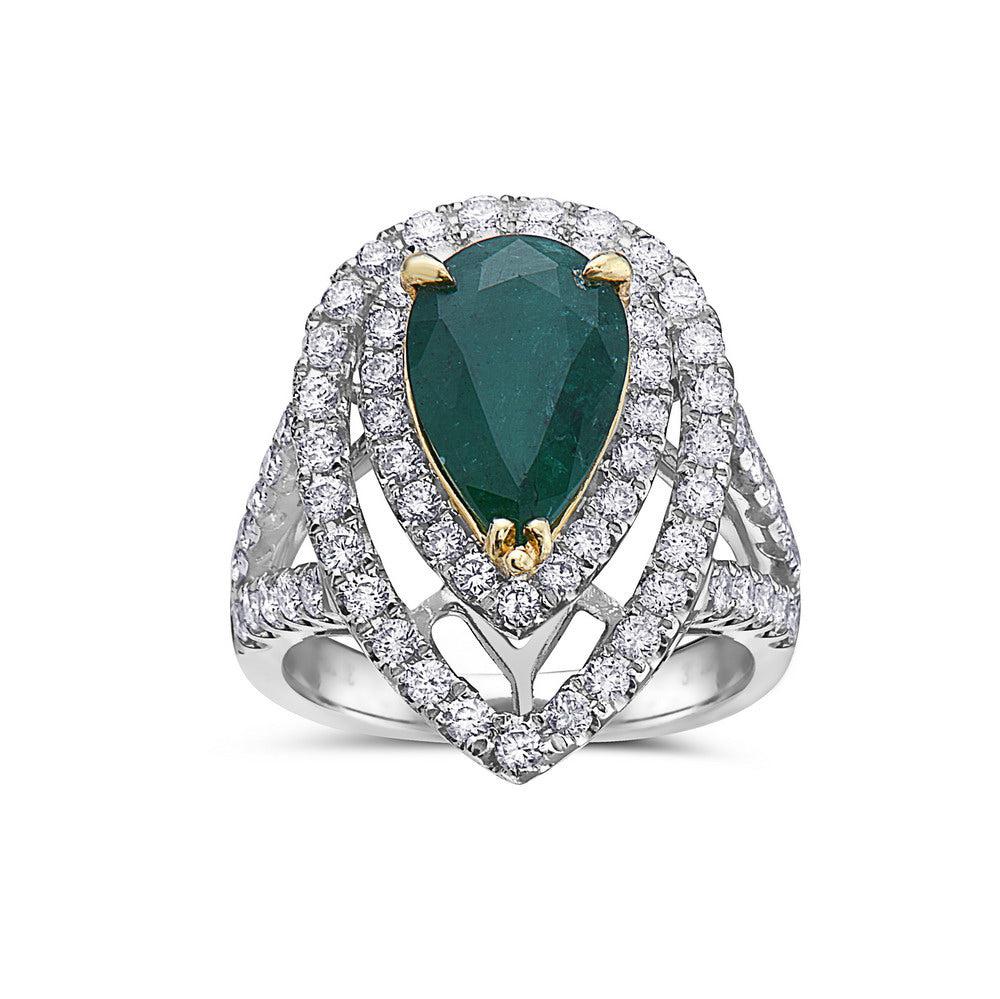 18K WHITE GOLD DIAMOND AND EMERALD GEMSTONE FASHION RING 4.74 CTW