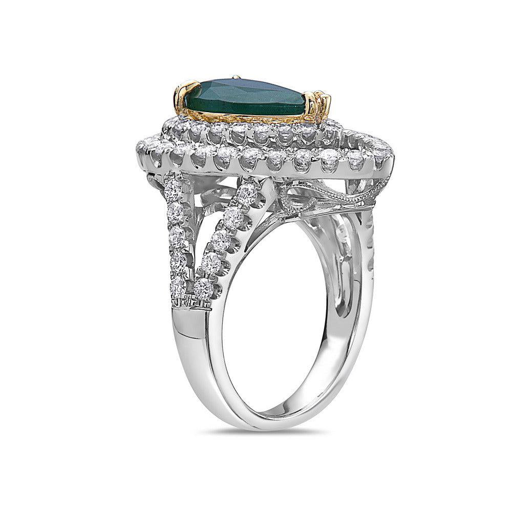 18K WHITE GOLD DIAMOND AND EMERALD GEMSTONE FASHION RING 4.74 CTW