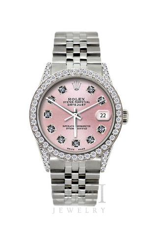 Rolex Datejust Diamond Watch, 36mm, Stainless Steel Red Light Pink Dial w/ Diamond Bezel and Lugs