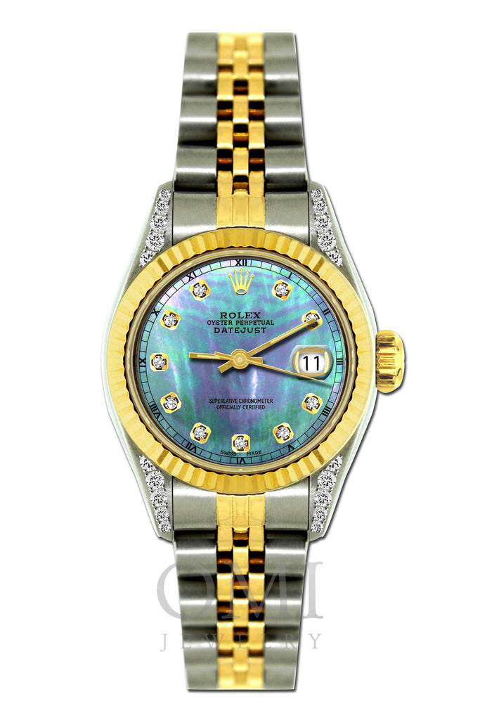 Rolex Datejust Diamond Watch, 26mm, Yellow Gold and Stainless Steel Bracelet Blue Mother of Pearl Dial w/ Diamond Lugs