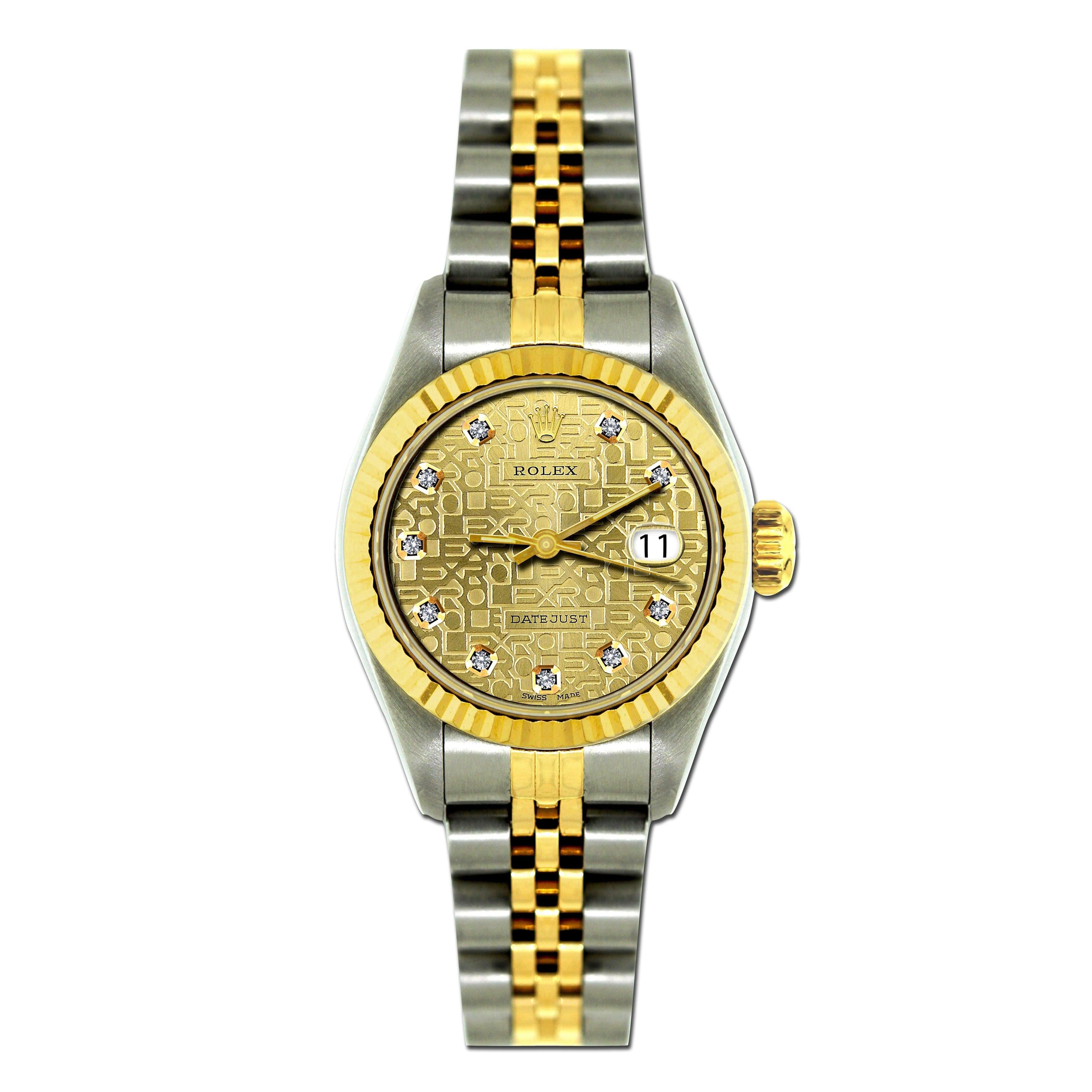 Rolex Datejust 26MM 6917 Champagne Pattern Diamond Dial Yellow Gold Fluted Bezel Two Tone Jubilee Bracelet