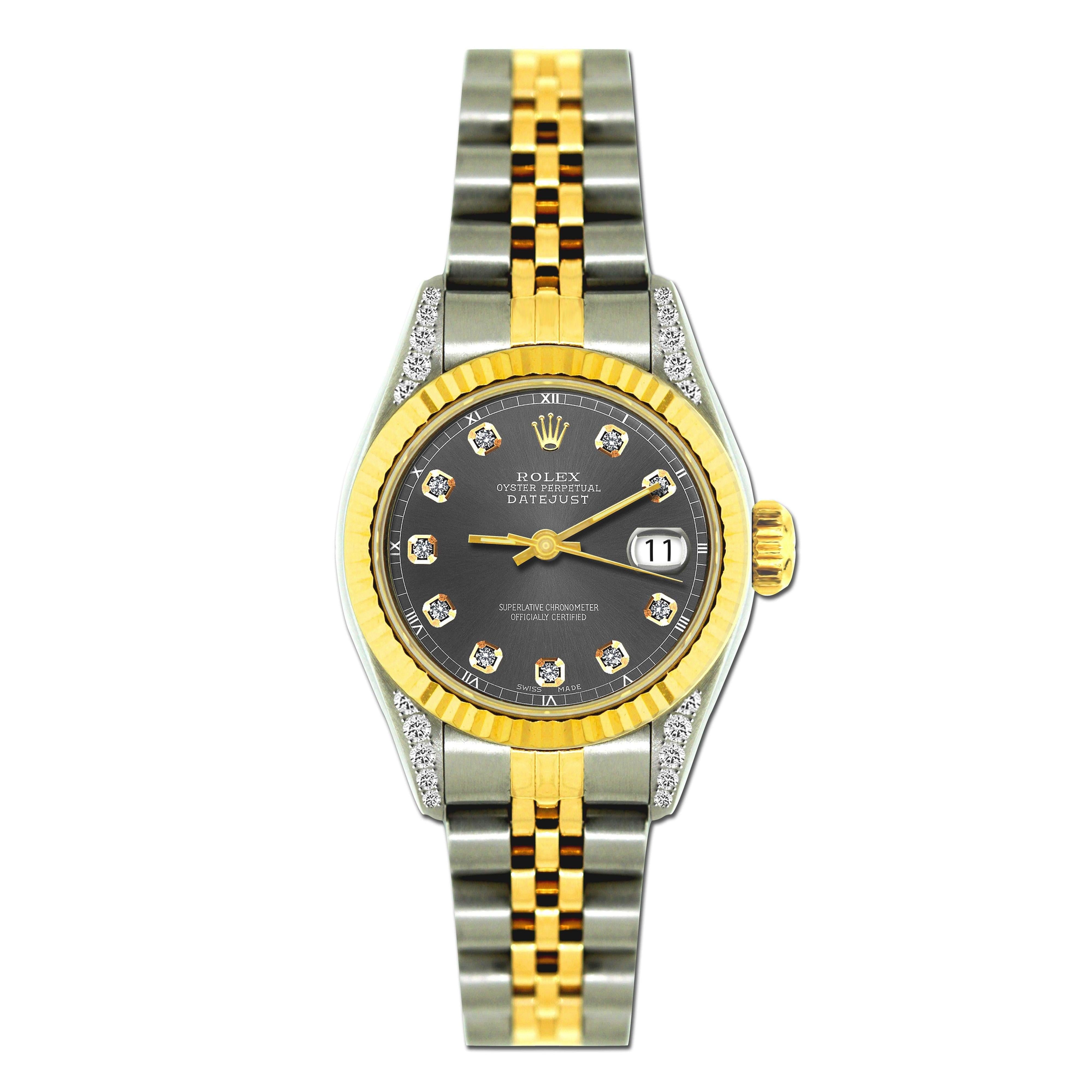 Rolex Datejust 26MM 6917 Slate Gray Diamond Dial Yellow Gold Fluted Bezel Two Tone Jubilee Bracelet