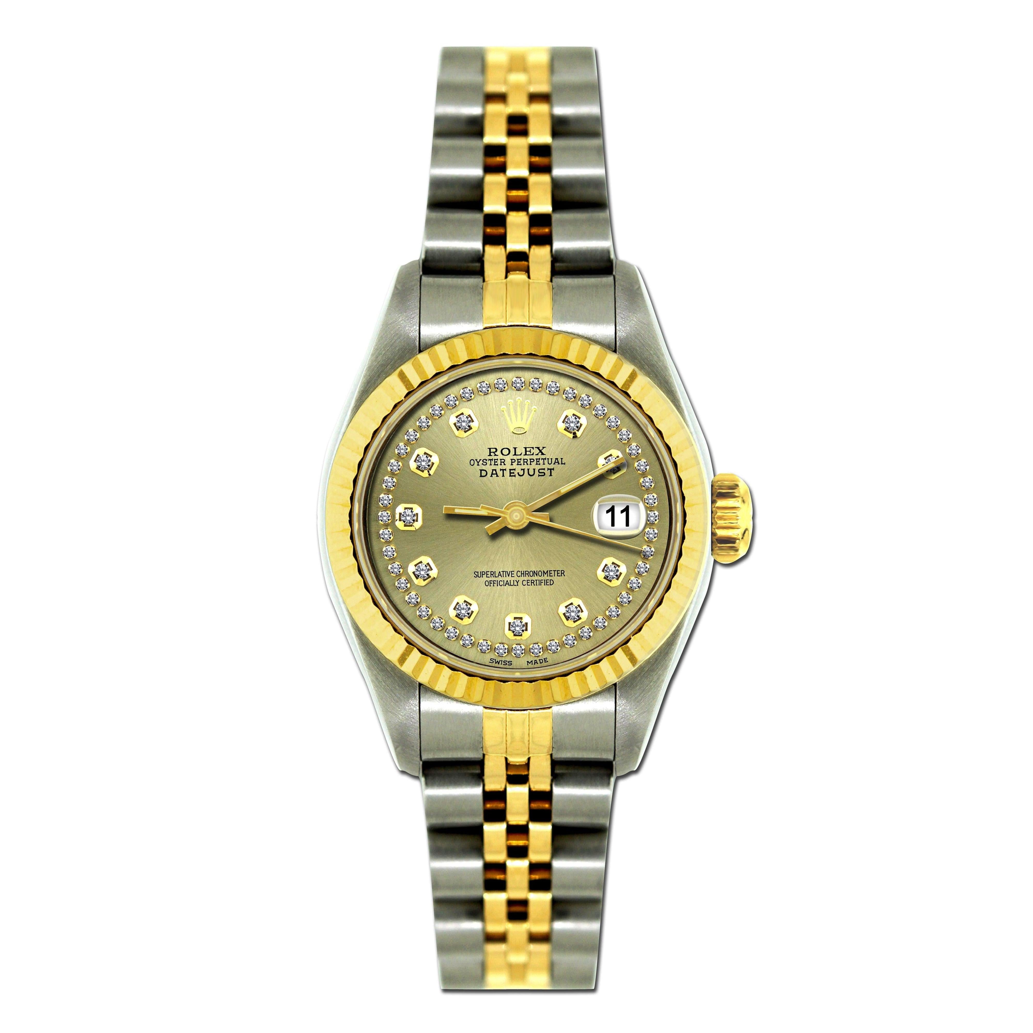 Rolex Datejust 26MM 6917 Olive Green Diamond Dial Yellow Gold Fluted Bezel Two Tone Jubilee Bracelet