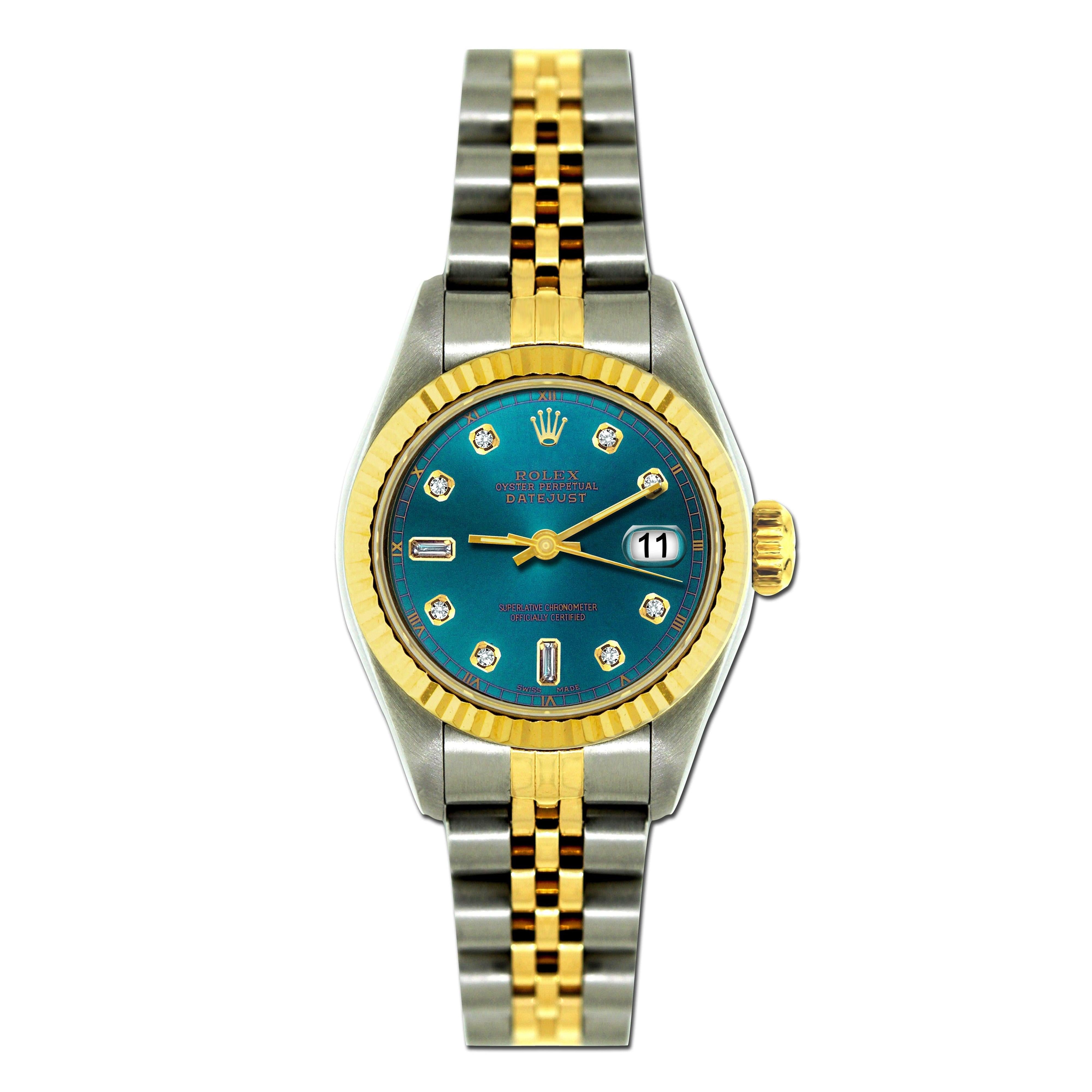 Rolex Datejust 26MM 6917 Turquoise Diamond Dial Yellow Gold Fluted Bezel Two Tone Jubilee Bracelet