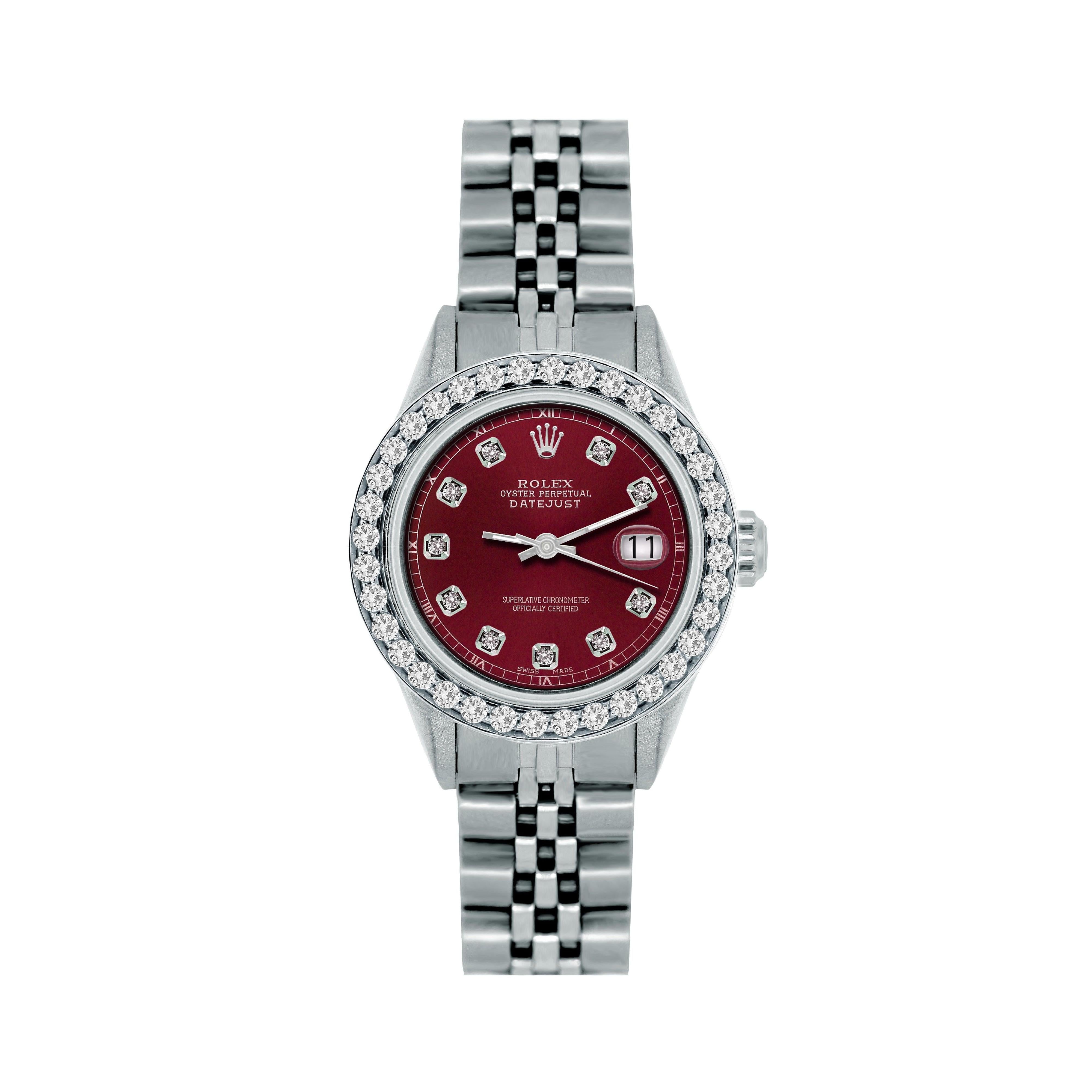 Rolex Datejust 26MM 6916 Red Diamond Dial Diamond Bezel Stainless Steel Jubilee Bracelet 1.2ct