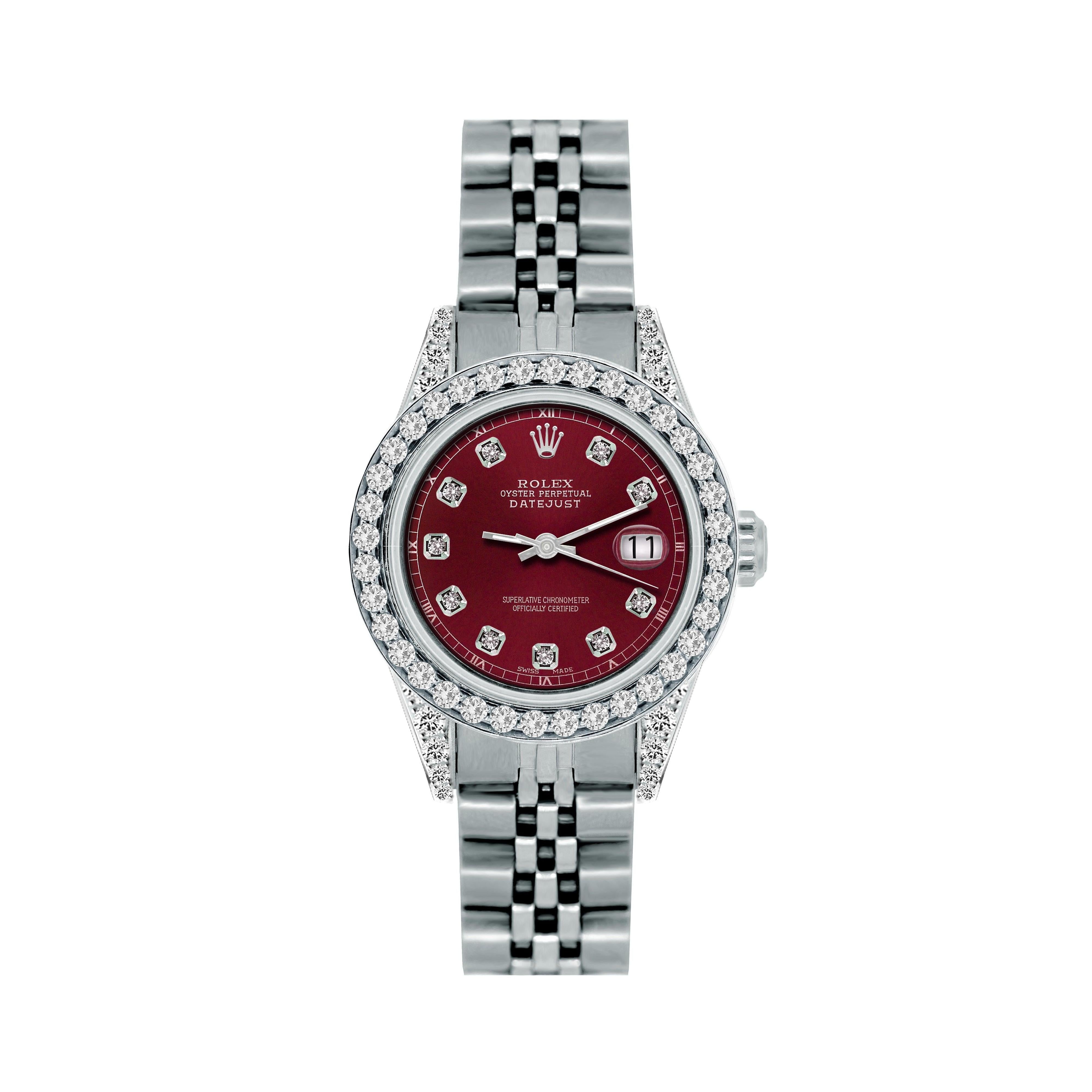 Rolex Datejust 26MM 6916 Red Diamond Dial Diamond Bezel Stainless Steel Jubilee Bracelet 1.2ct