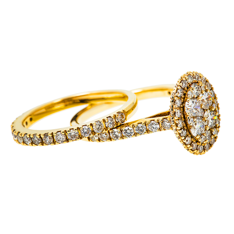 14K GOLD ROUND CLUSTER HALO DIAMOND OVAL SHAPE BRIDAL SET 1.70 CTW