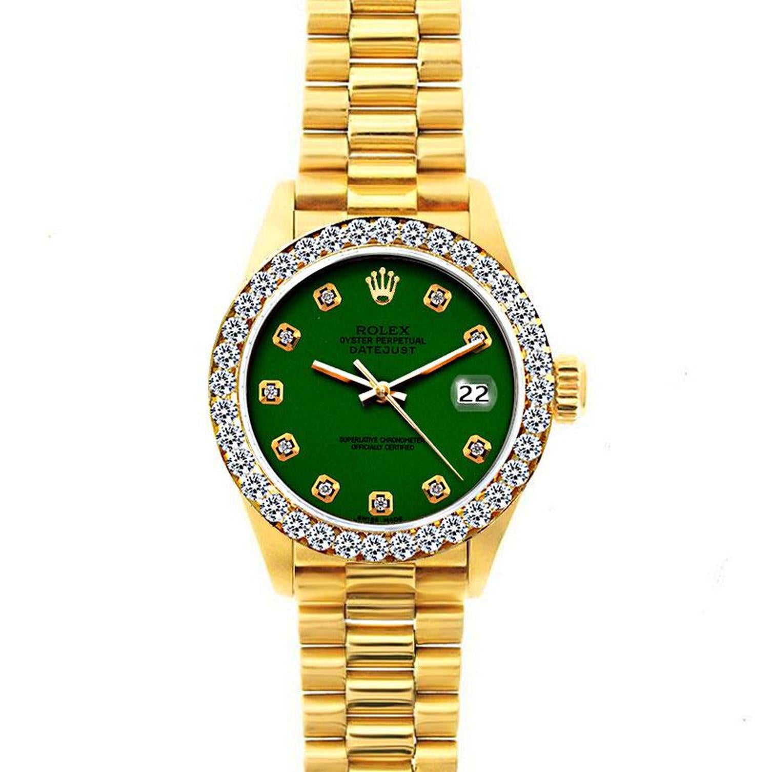 Rolex Datejust 26MM 69178 Green Diamond Dial Diamond Bezel 18K Yellow Gold President Bracelet 1.2ct