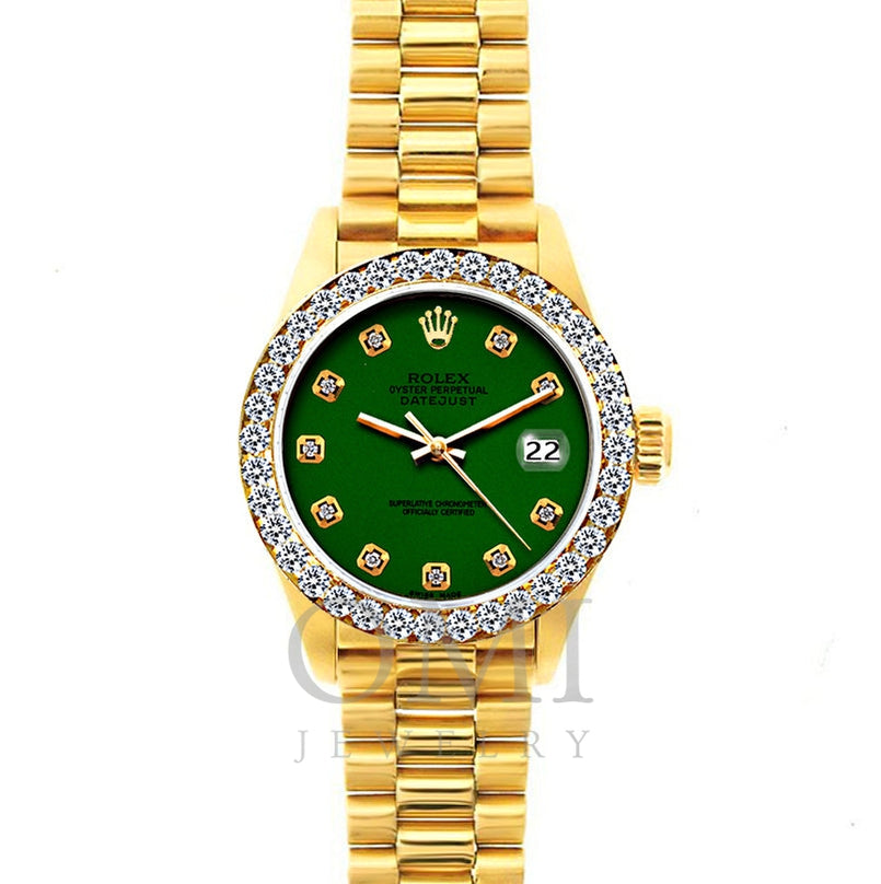 18k Yellow Gold Rolex Datejust Diamond Watch, 26mm, President Bracelet Green Dial w/ Diamond Bezel