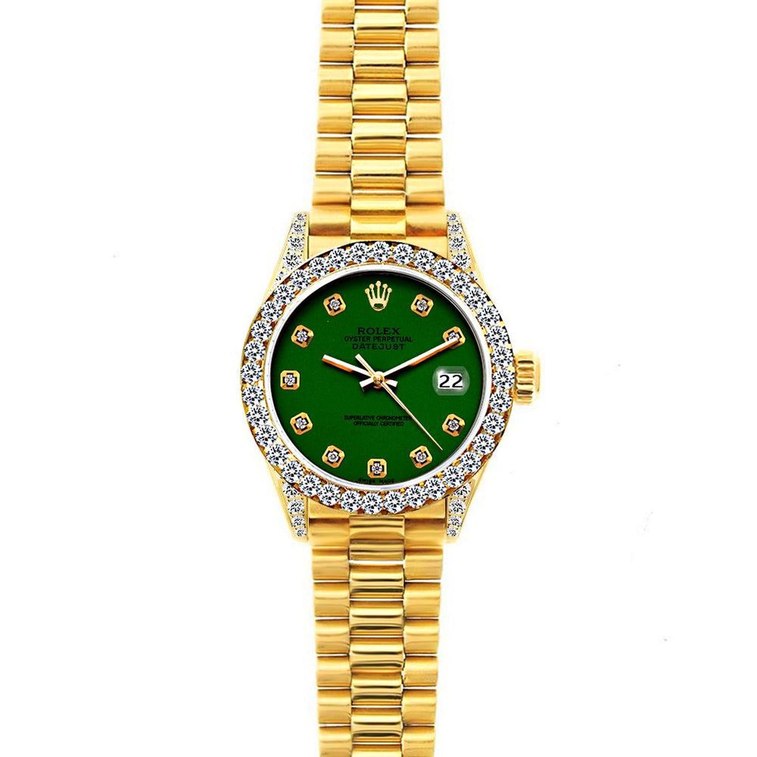 Rolex Datejust 26MM 69178 Green Diamond Dial Diamond Bezel 18K Yellow Gold President Bracelet 1.2ct