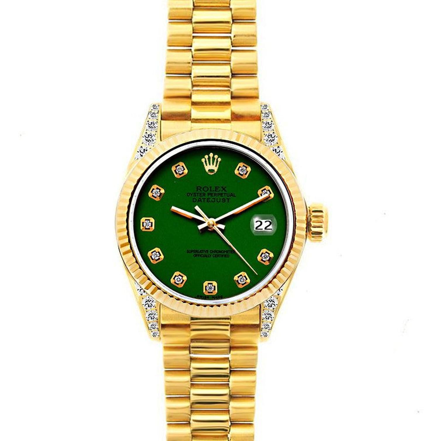 Rolex Datejust 26MM 69178 Green Diamond Dial Yellow Gold Fluted Bezel 18K Yellow Gold President Bracelet
