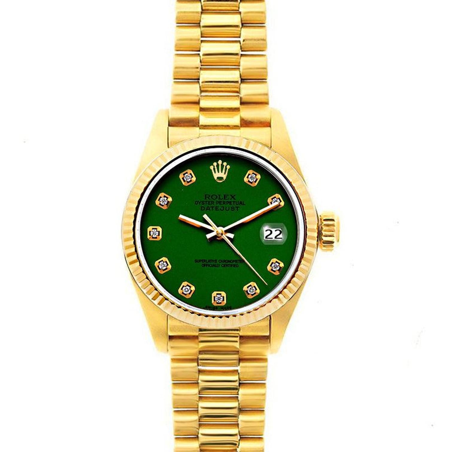 Rolex Datejust 26MM 69178 Green Diamond Dial Yellow Gold Fluted Bezel 18K Yellow Gold President Bracelet
