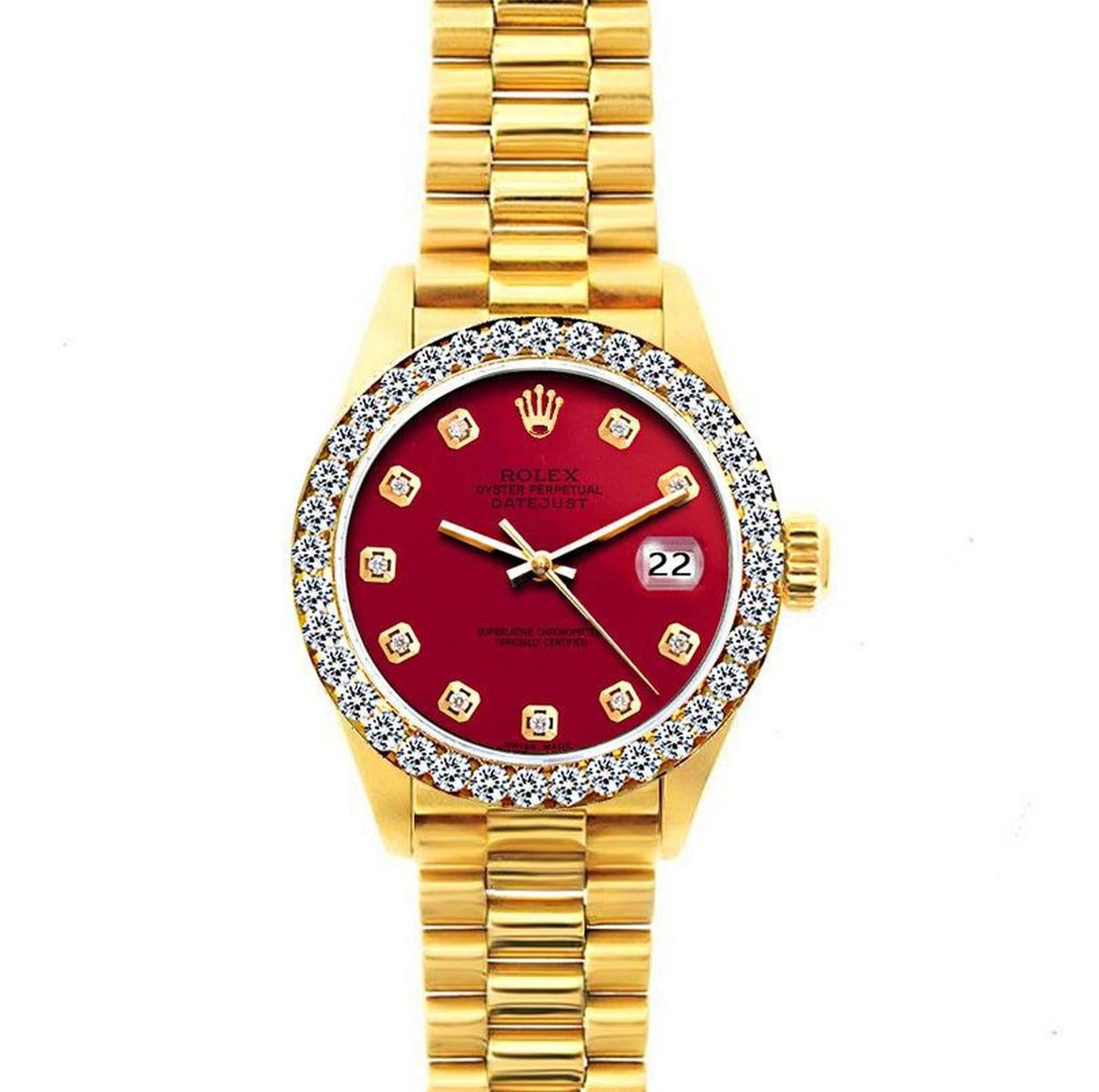 Rolex Datejust 26MM 69178 Red Diamond Dial Diamond Bezel 18K Yellow Gold President Bracelet 1.2ct