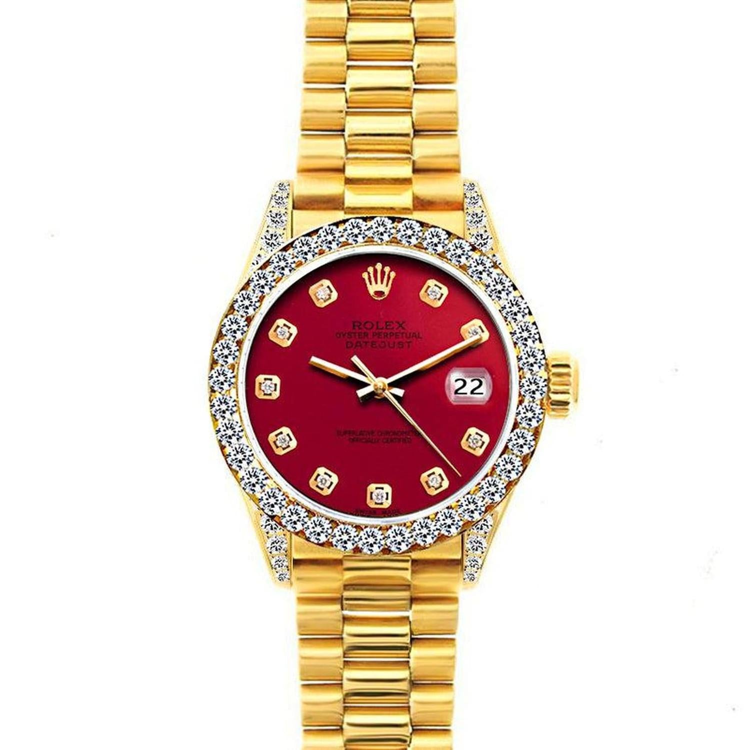 Rolex Datejust 26MM 69178 Red Diamond Dial Diamond Bezel 18K Yellow Gold President Bracelet 1.2ct