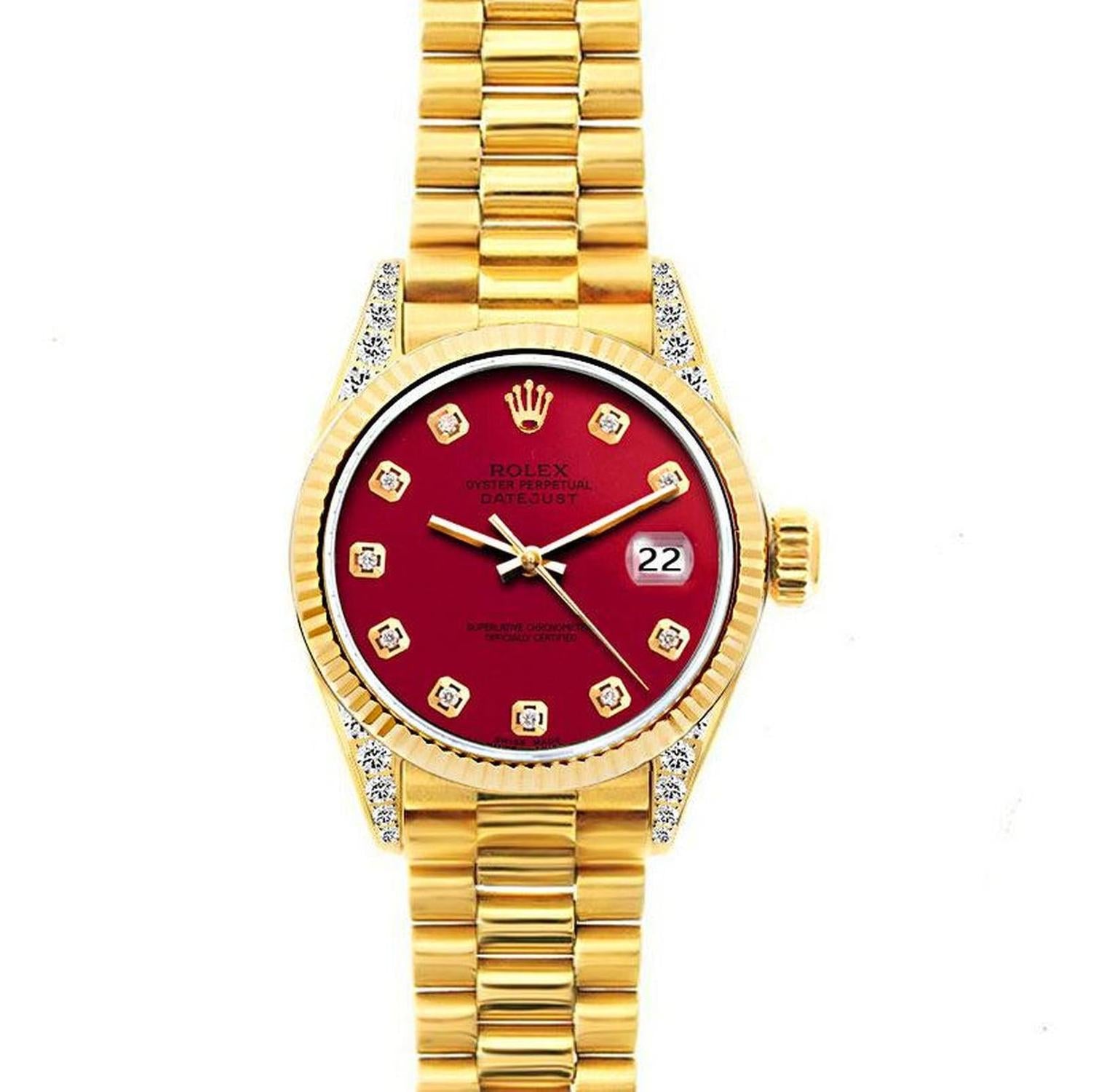 Rolex Datejust 26MM 69178 Red Diamond Dial Yellow Gold Fluted Bezel 18K Yellow Gold President Bracelet