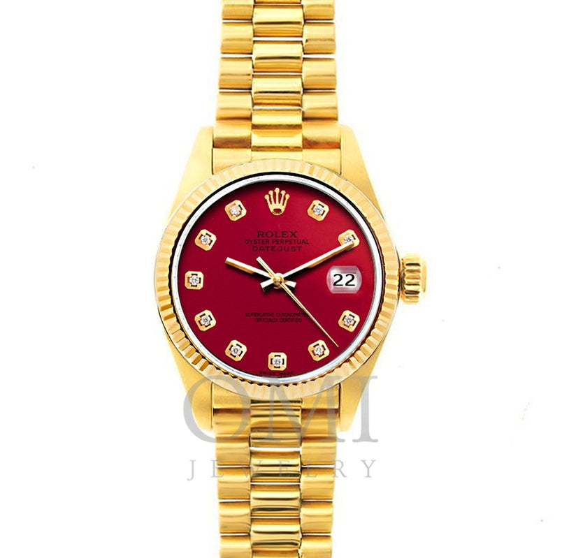 Rolex Datejust 18k Yellow Gold Bracelet Red Dial - OMI Jewelry