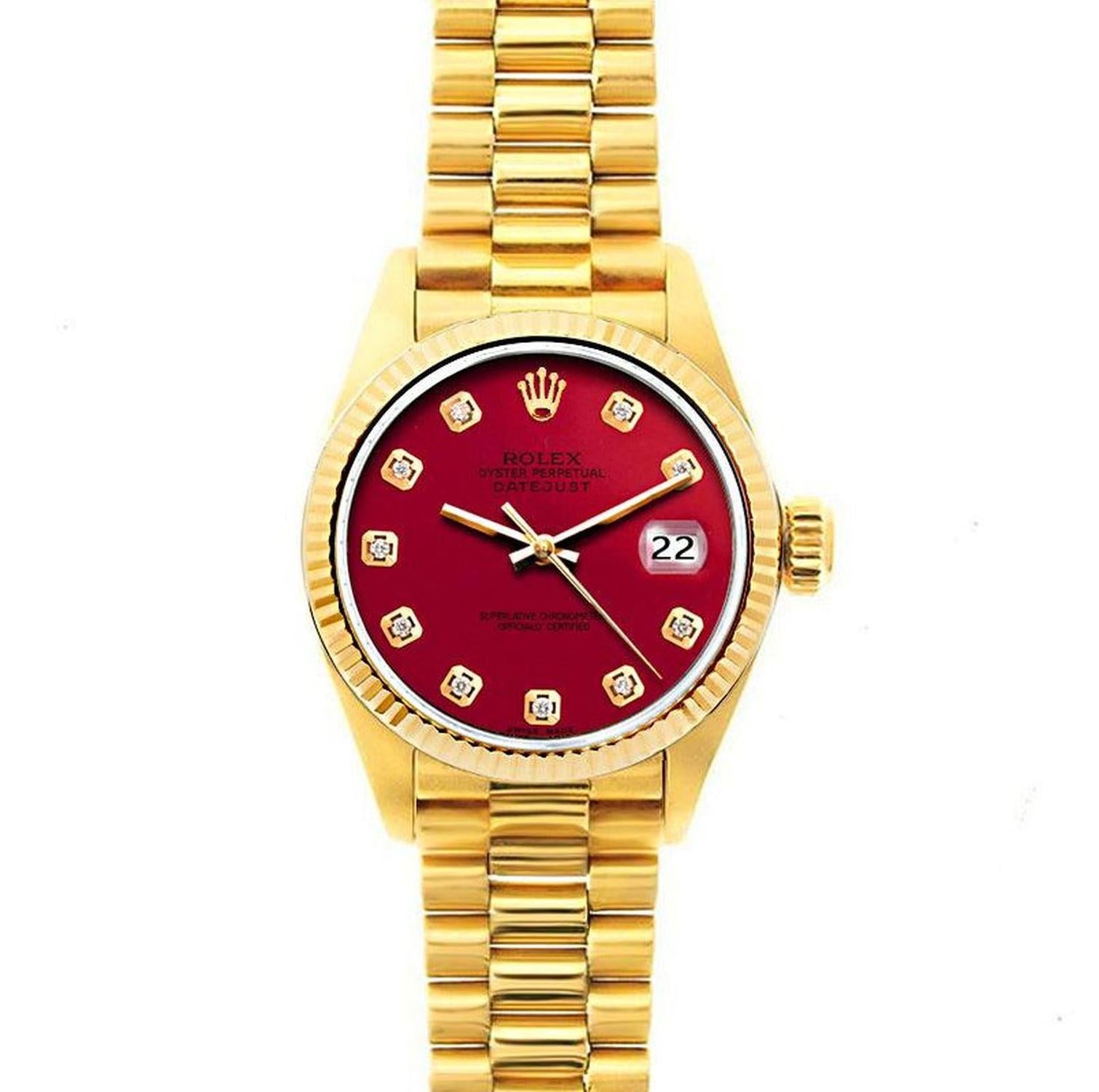 Rolex Datejust 26MM 69178 Red Diamond Dial Yellow Gold Fluted Bezel 18K Yellow Gold President Bracelet