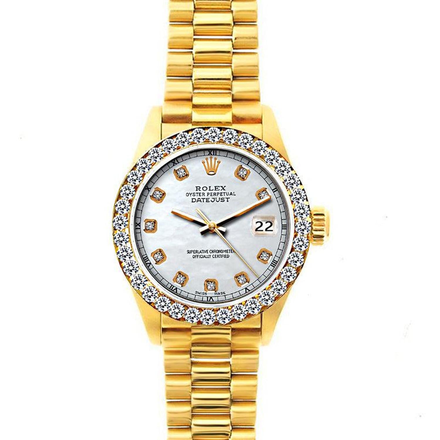 Rolex Datejust 26MM 69178 Mother of Pearl Diamond Dial Diamond Bezel 18K Yellow Gold President Bracelet 1.2ct