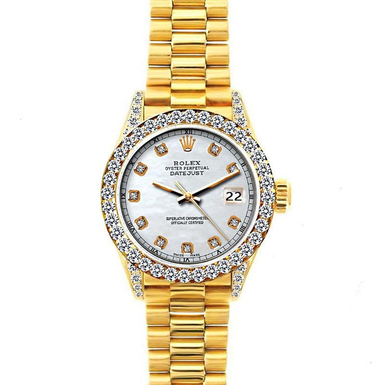 Rolex Datejust 26MM 69178 Mother of Pearl Diamond Dial Diamond Bezel 18K Yellow Gold President Bracelet 1.2ct
