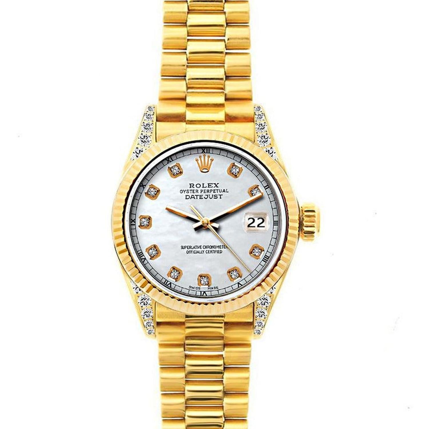 Rolex Datejust 26MM 69178 Mother of Pearl Diamond Dial Yellow Gold Fluted Bezel 18K Yellow Gold President Bracelet