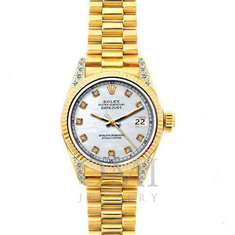 18k Yellow Gold Rolex Datejust Diamond Watch, 26mm, President Bracelet Old Lace Dial w/ Diamond Lugs