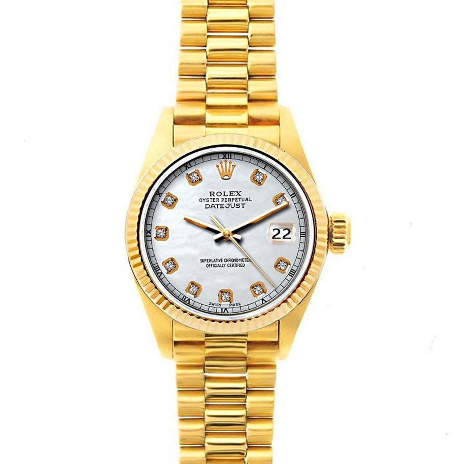 Rolex Datejust 26MM 69178 Mother of Pearl Diamond Dial Yellow Gold Fluted Bezel 18K Yellow Gold President Bracelet