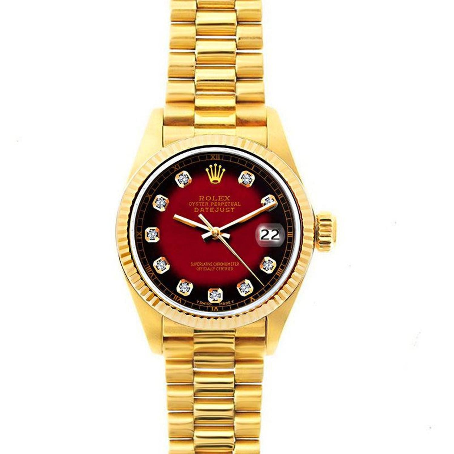 Rolex Datejust 26MM 69178 Red Diamond Dial Yellow Gold Fluted Bezel 18K Yellow Gold President Bracelet