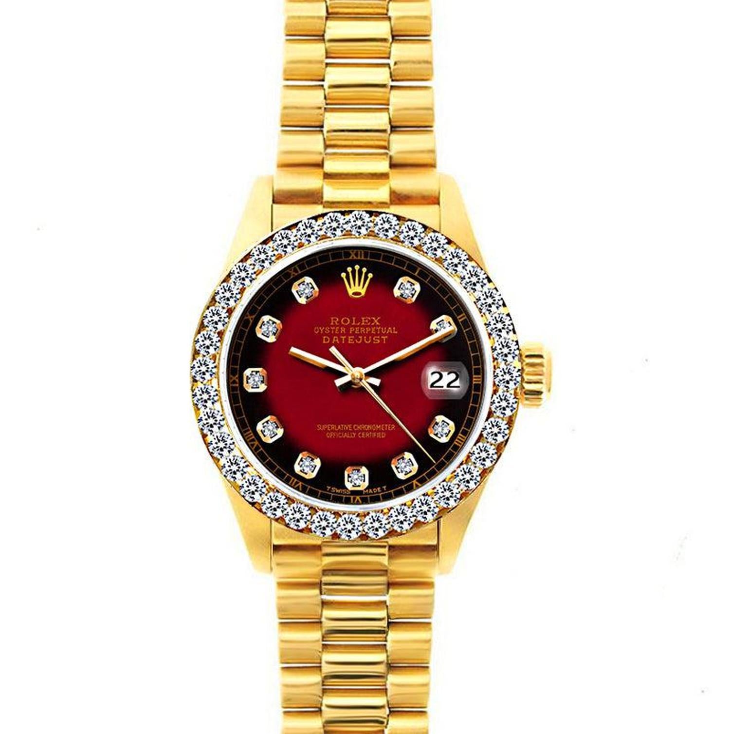 Rolex Datejust 26MM 69178 Red Diamond Dial Diamond Bezel 18K Yellow Gold President Bracelet 1.2ct