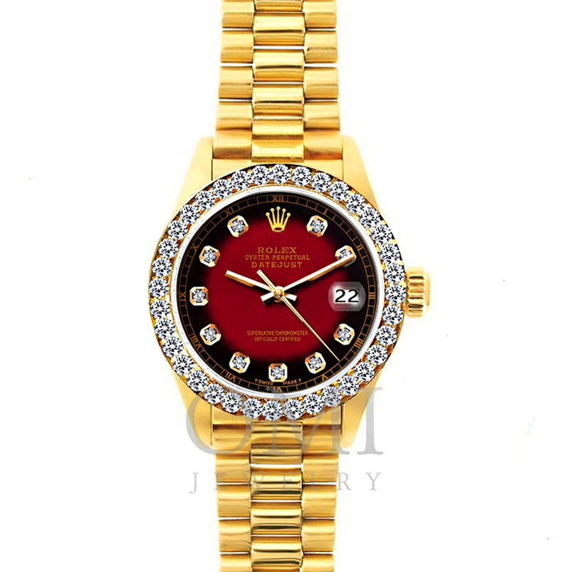 18k Yellow Gold Rolex Datejust Diamond Watch, 26mm, President Bracelet Red and Black Dial w/ Diamond Bezel