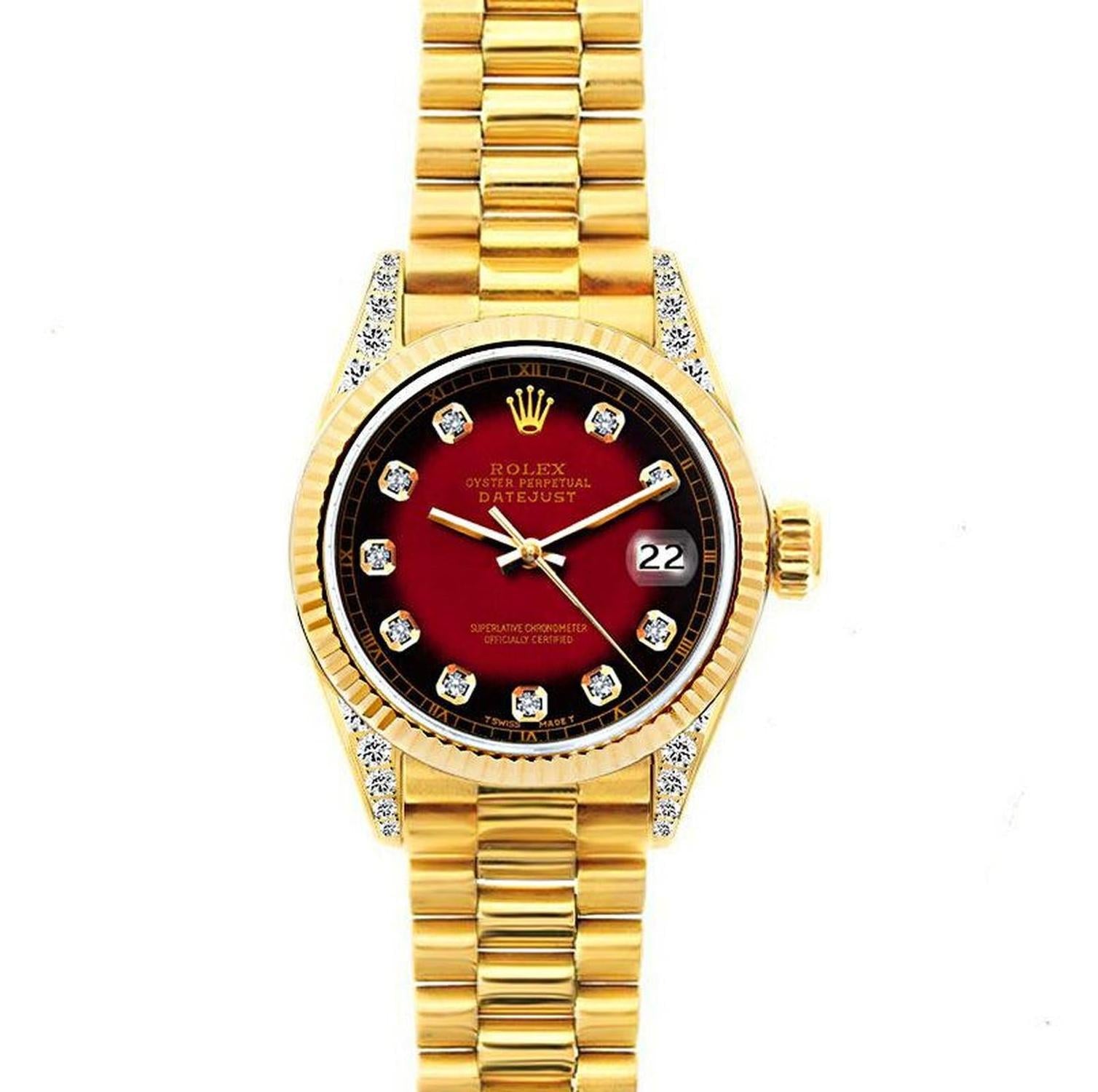 Rolex Datejust 26MM 69178 Red Diamond Dial Yellow Gold Fluted Bezel 18K Yellow Gold President Bracelet