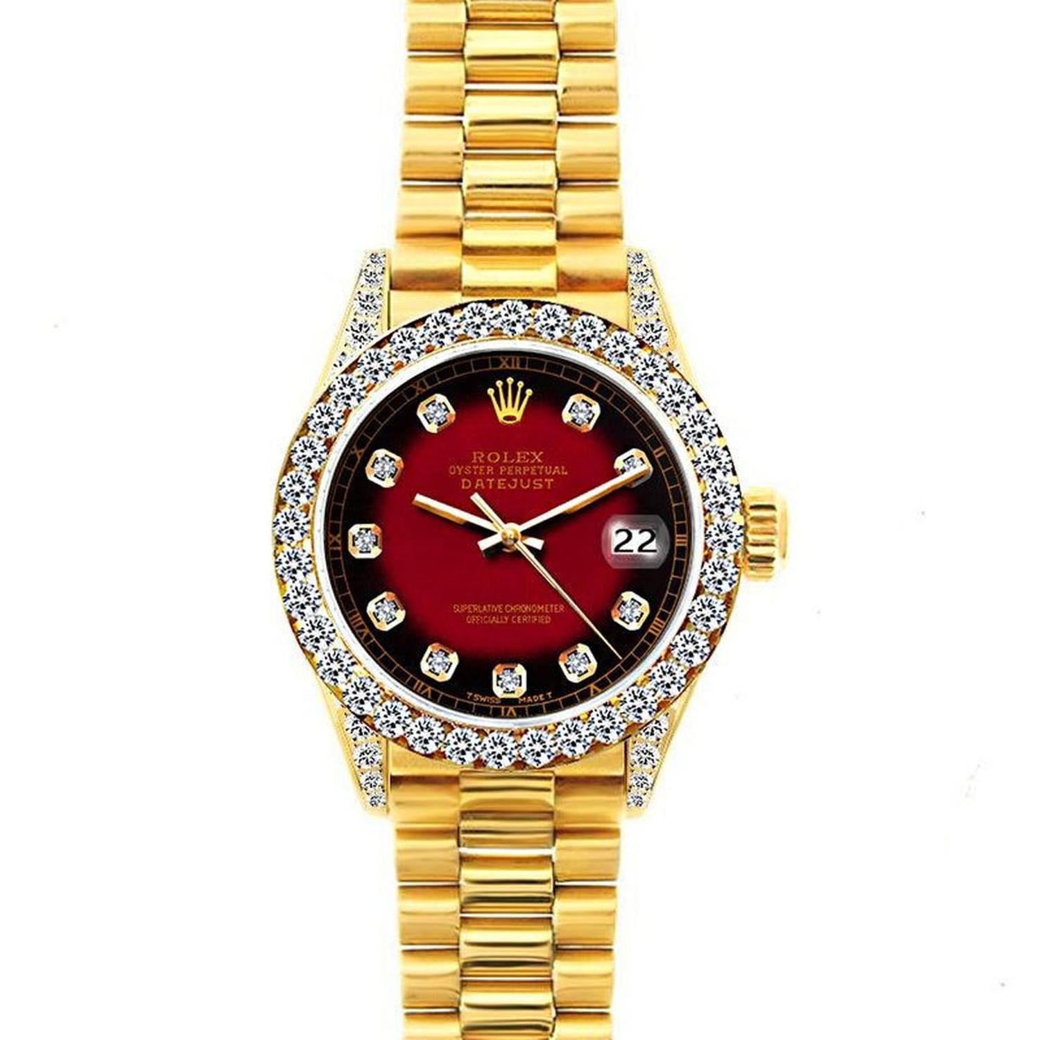 Rolex Datejust 26MM 69178 Red Diamond Dial Diamond Bezel 18K Yellow Gold President Bracelet 1.2ct