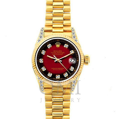 18k Yellow Gold Rolex Datejust Diamond Watch, 26mm, President Bracelet Red and Black Dial w/ Diamond Lugs