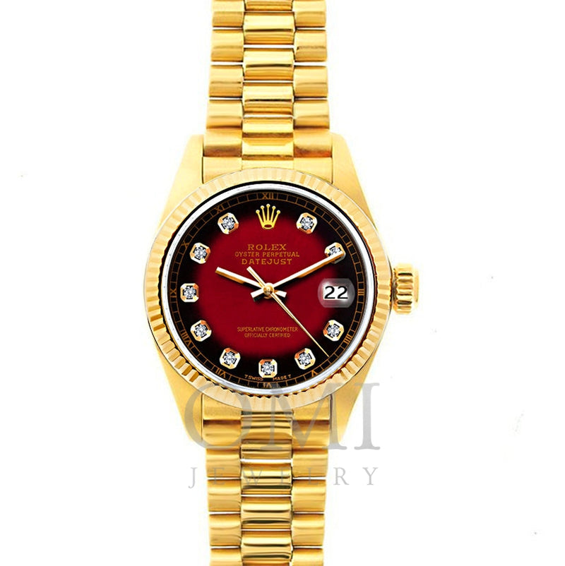 Rolex Datejust 26mm 18k Yellow Gold President Bracelet Red and Black Dial