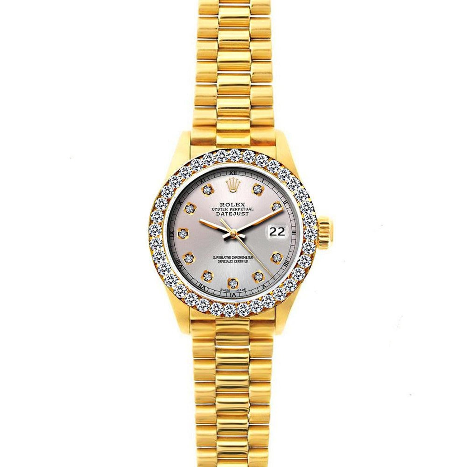 Rolex Datejust 26MM 69178 Silver Diamond Dial Diamond Bezel 18K Yellow Gold President Bracelet 1.2ct